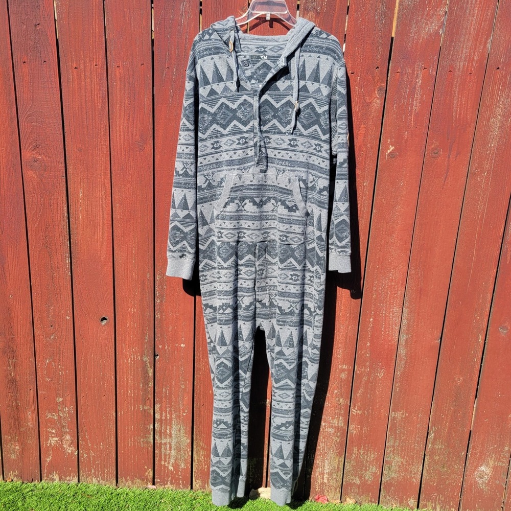 KAVU One Der Suit Fleece Jumpsuit Grey Southwestern Geometric L Loungewear Camp